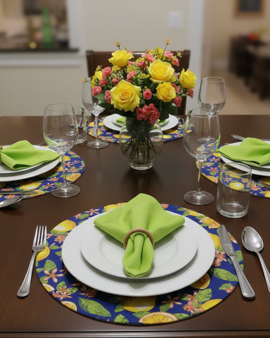 Jogo Americano Redondo 4 Lugares Coleção Frutas Limão Siciliano - Kit Completo